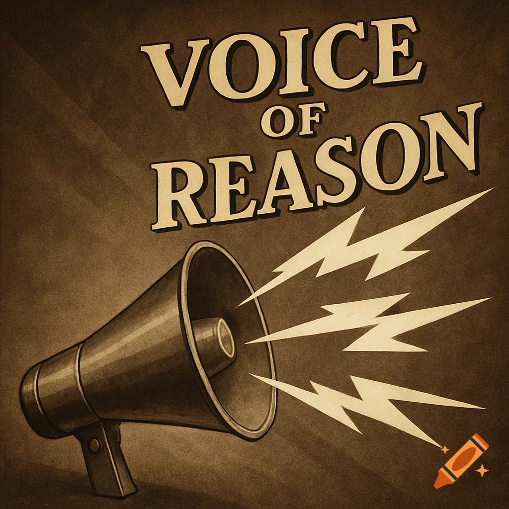 A vintage-style illustration of a megaphone emitting lightning bolts, with the text 'VOICE OF REASON' above.