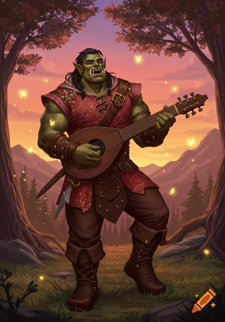 An illustration of a green-skinned orc bard with long black hair, playing a lute in a forest at sunset with glowing fireflies.