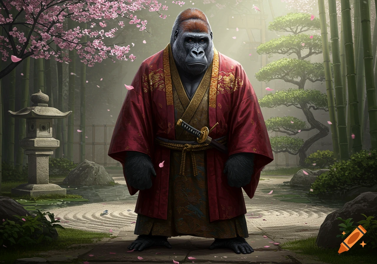 A majestic gorilla in a red and gold samurai kimono stands in a serene Japanese garden with cherry blossoms and bamboo.