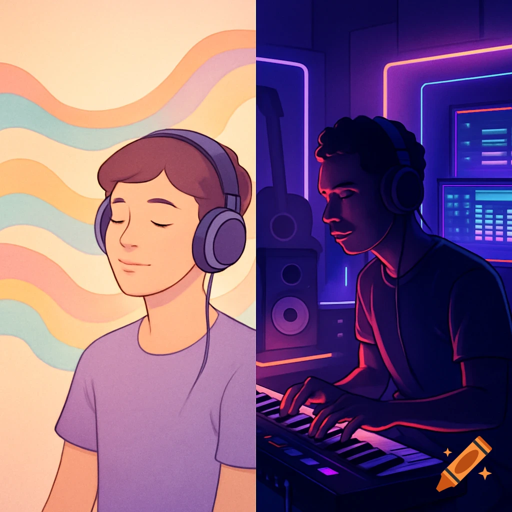 An illustration of two people: one listening to music with headphones on a pastel background, and another playing a keyboard in a neon studio.