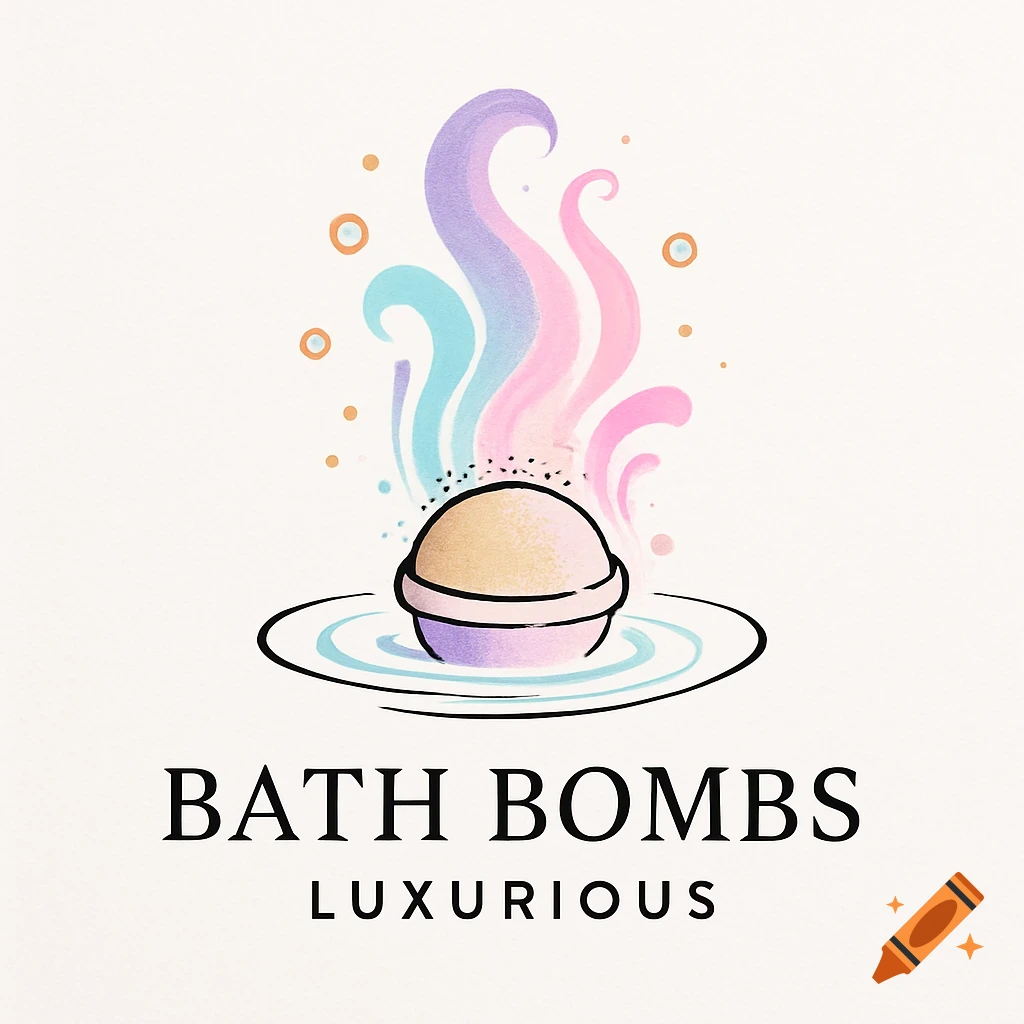 A minimalist logo featuring a bath bomb fizzing with pastel steam and the text 'BATH BOMBS LUXURIOUS'.