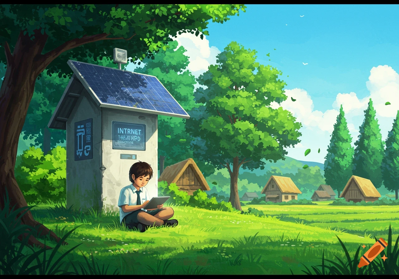 A young student sits on green grass using a tablet next to a solar-powered internet hub in a bright, rural anime-style village.