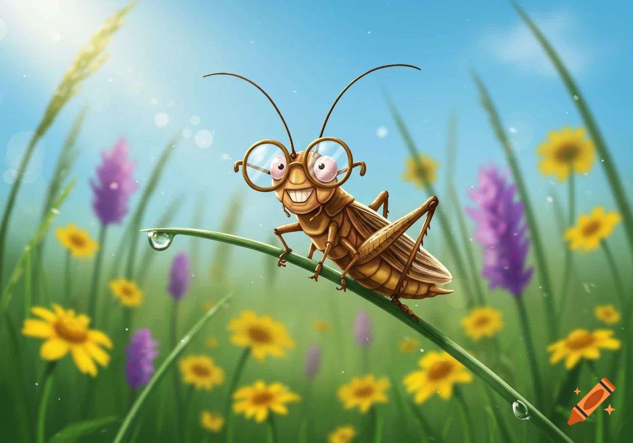A whimsical cartoon cricket wearing eyeglasses smiles broadly while perched on a dewy blade of grass in a vibrant field of yellow and purple flowers.