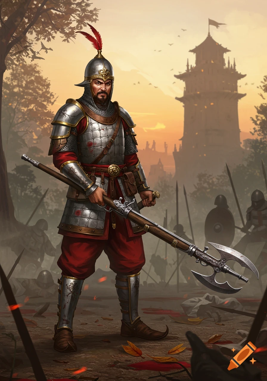 A detailed illustration of a medieval warrior in armor holding a halberd-gun on a battlefield at sunset.