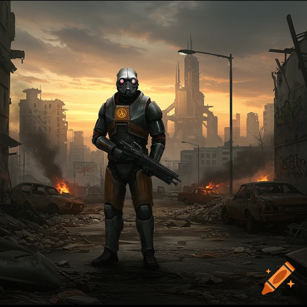 A Half-Life 2 Combine soldier stands in a ruined city with burning cars at sunset, digital art.