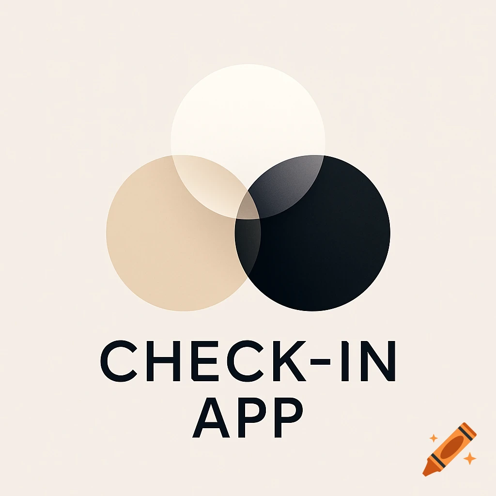 Minimalist check-in app logo with three overlapping circles in white, beige, and black, and text 'CHECK-IN APP'.
