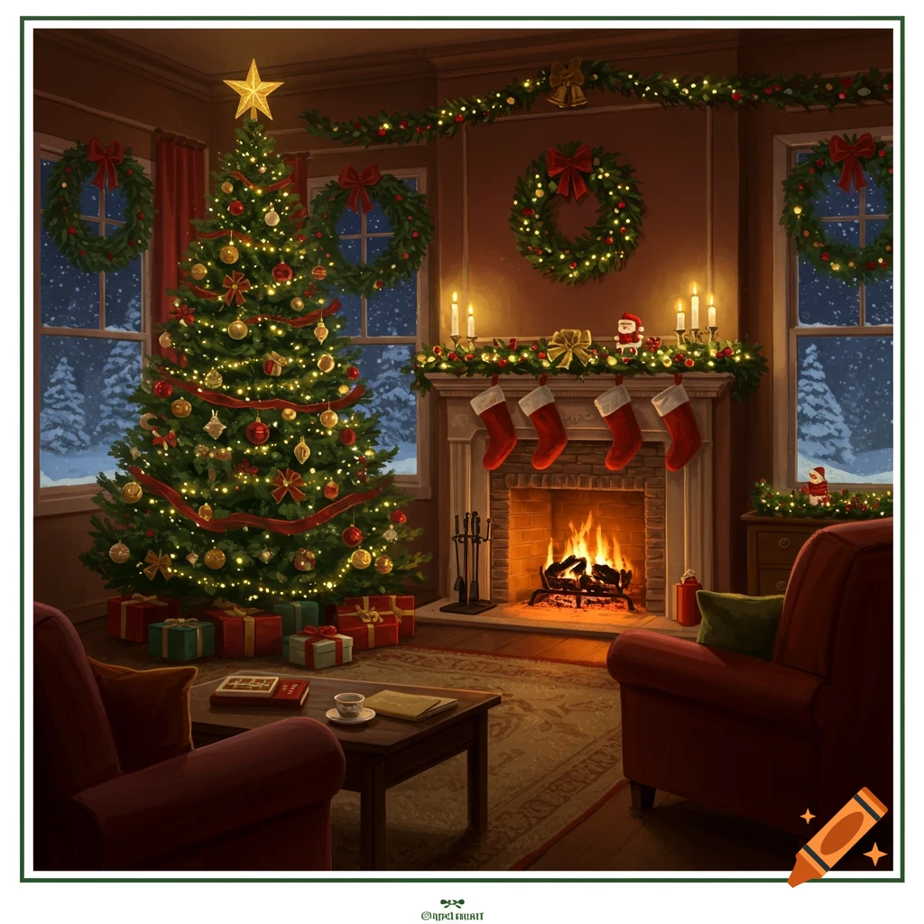 A warmly lit, cozy Christmas living room with a decorated tree, a roaring fireplace, festive stockings, and wreaths on the windows.