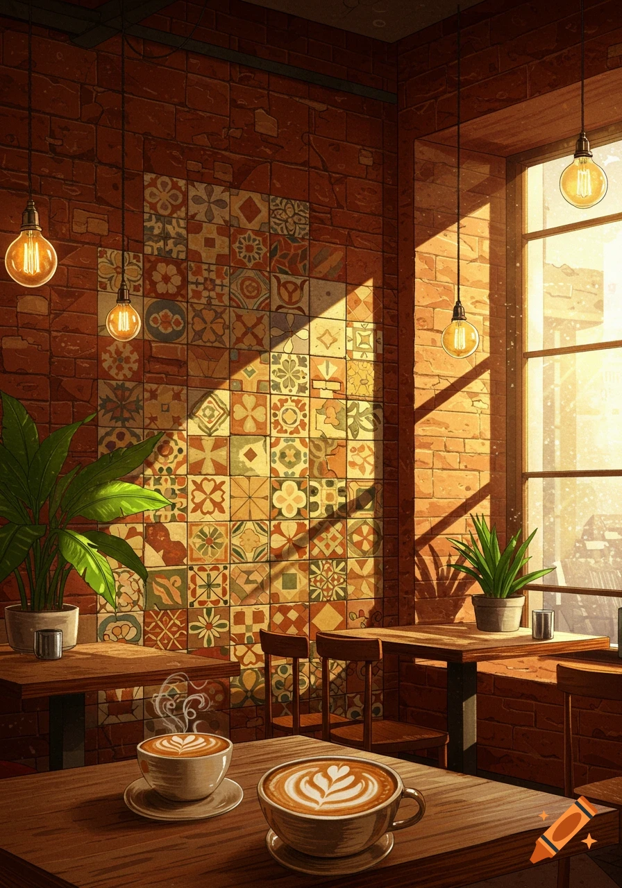 Warmly lit cafe interior with two coffee cups on wooden tables, potted plants, brick walls, and decorative tiles. Sunlight streams through a window.