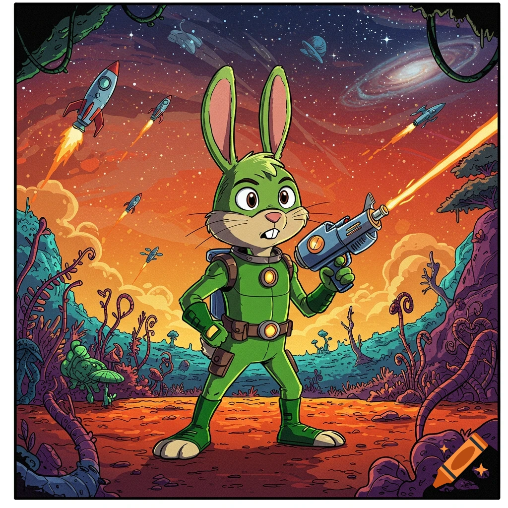 A green cartoon rabbit in a space suit holds a laser gun on an alien planet with rockets flying against an orange, starry sky.