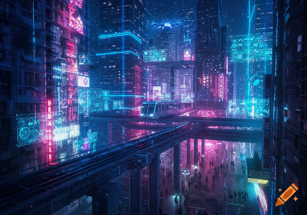 A vibrant cyberpunk city at night with neon lights, skyscrapers, a monorail, and crowded streets below.