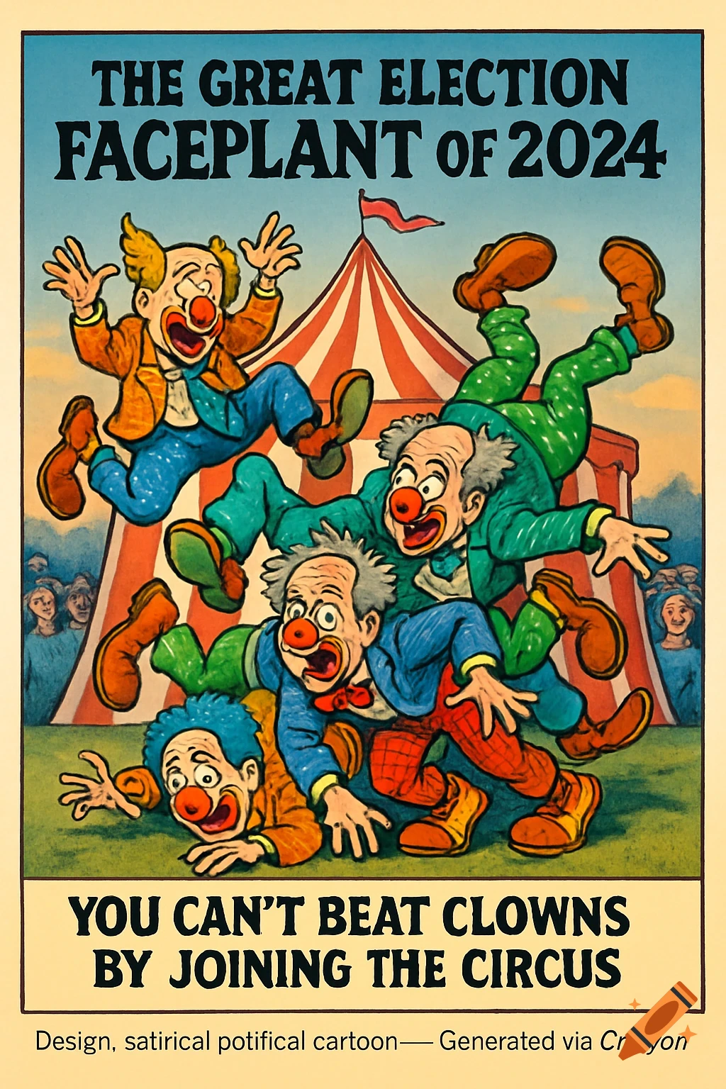 A political cartoon depicting several clowns tumbling and falling in front of a circus tent, with satirical text about an election.