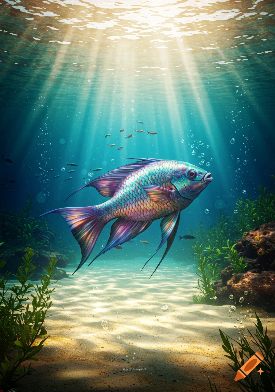 A large, iridescent fish with colorful scales swims in clear blue water. Sunbeams illuminate the sandy ocean floor with marine plants.