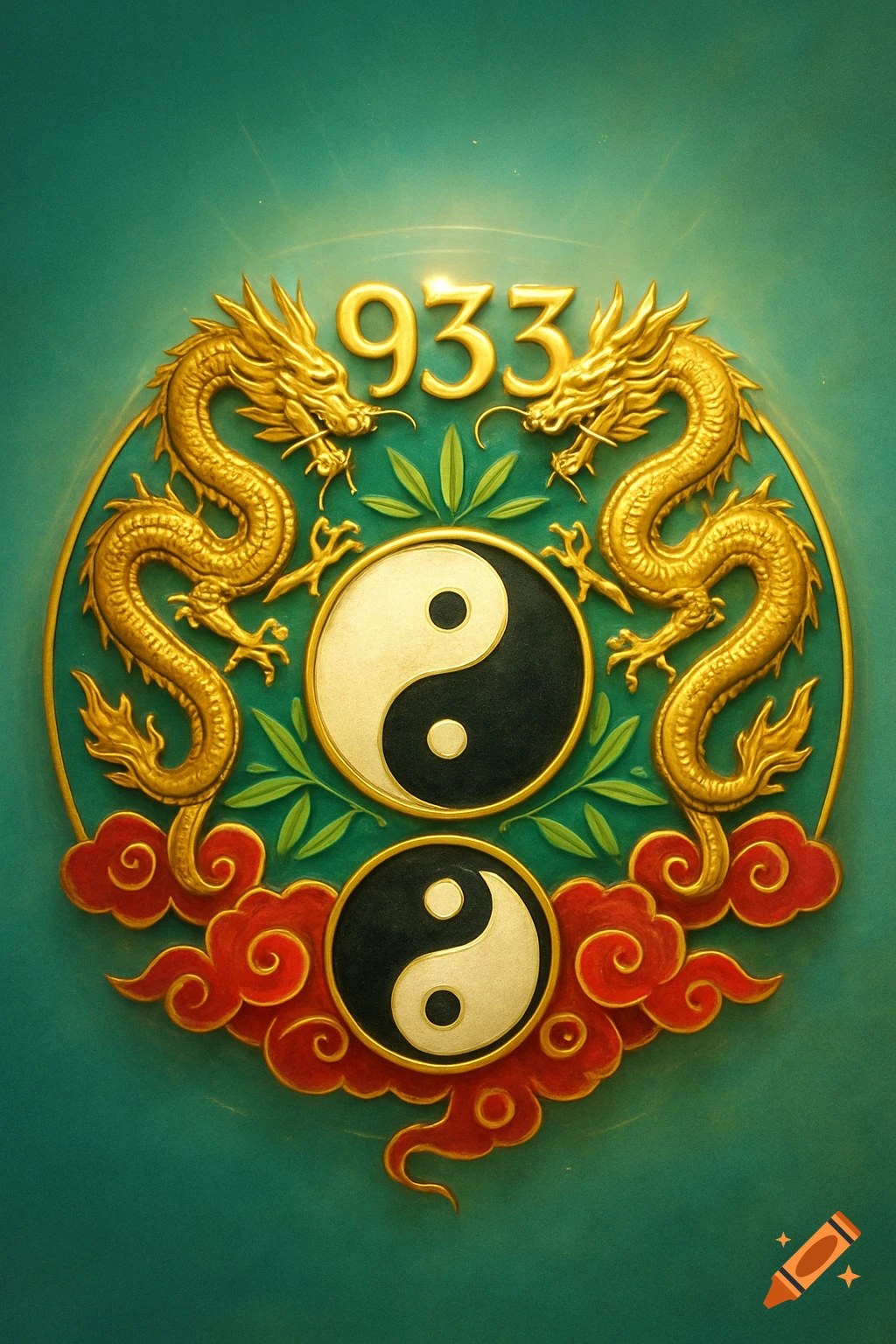 A decorative gold and teal emblem featuring two golden dragons, two yin-yang symbols, red clouds, and the number 933.
