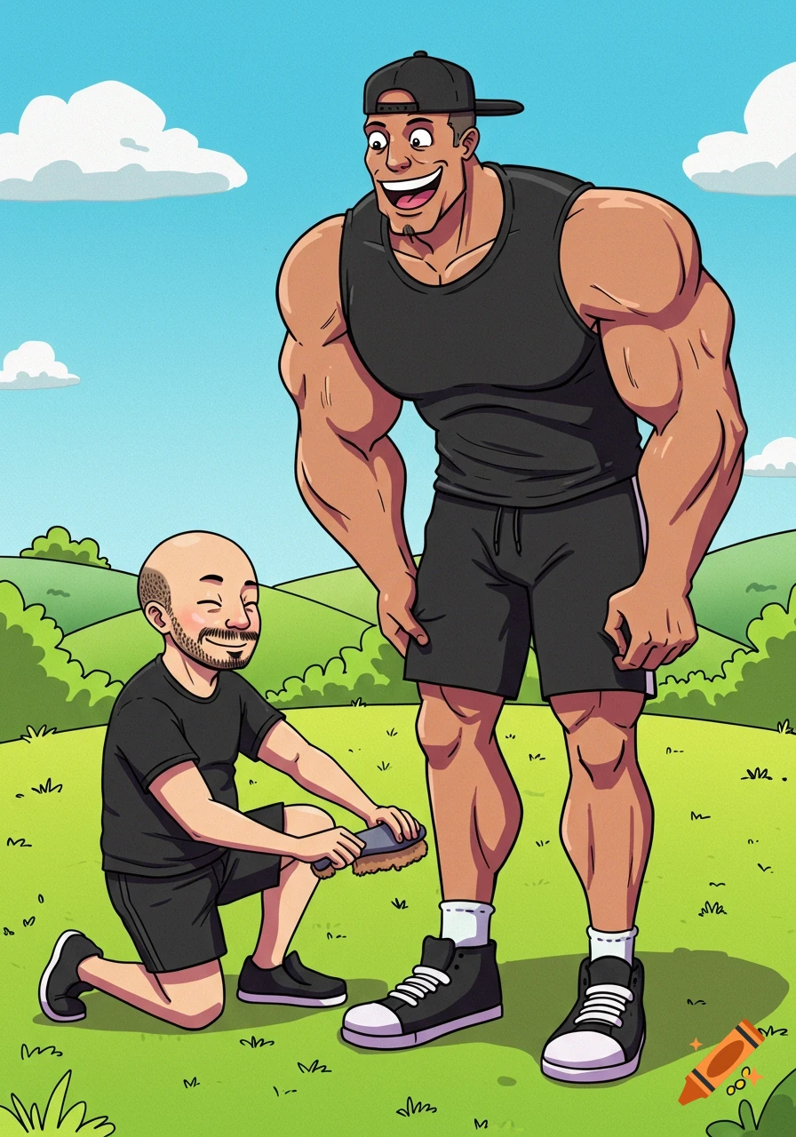 A bald man kneels, pretending to polish the shoe of a tall, muscular man with a big grin in a bright, exaggerated cartoon style.
