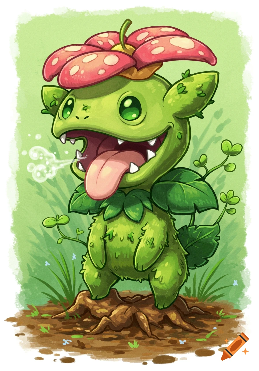 A cute green mossy creature with a pink mushroom cap, sharp teeth, and a long tongue, in a whimsical cartoon style.