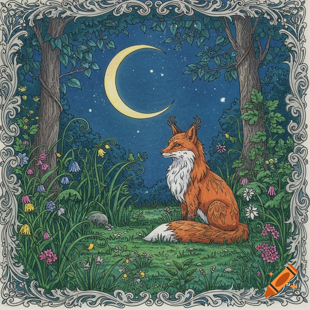 An intricate illustration of a red fox sitting in a moonlit forest clearing with wildflowers, framed by an ornate border.