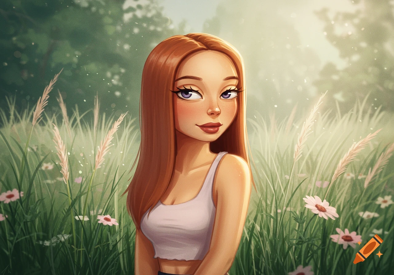 A cartoon illustration of a young woman with long auburn hair and purple eyes, wearing a white tank top, standing in a sunny field with tall grass and wildflowers.