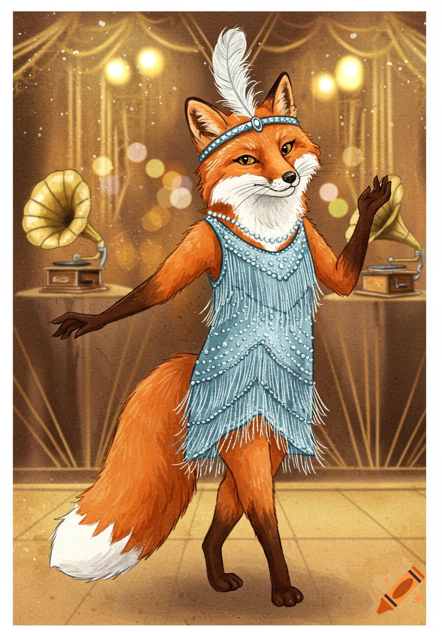 Watercolor of an anthropomorphic fox dressed as a flapper, posing on a stage with gramophones and bokeh lights.
