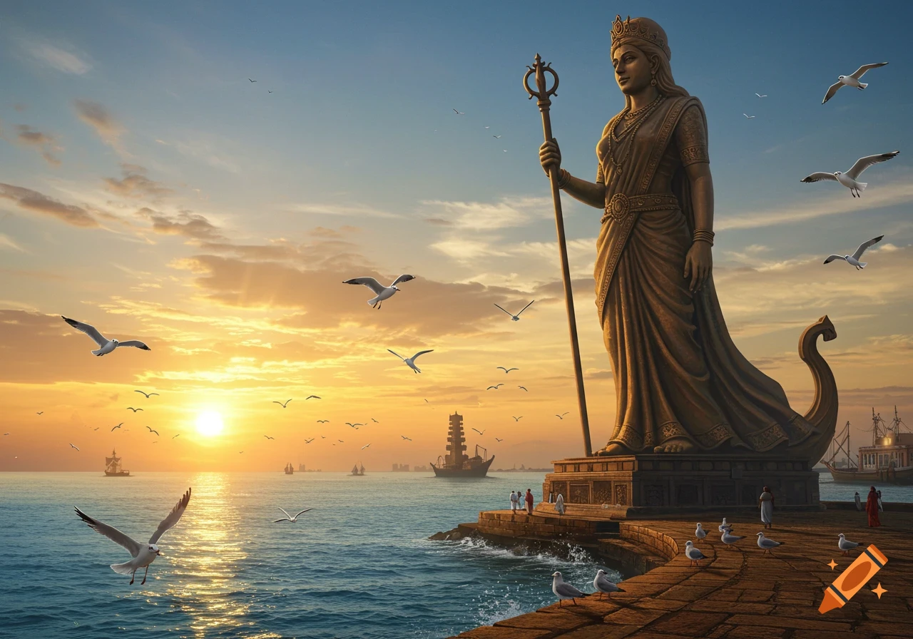 A giant bronze statue of a crowned queen holds a staff on a pier by the sea at sunset, with seagulls flying and distant ships.