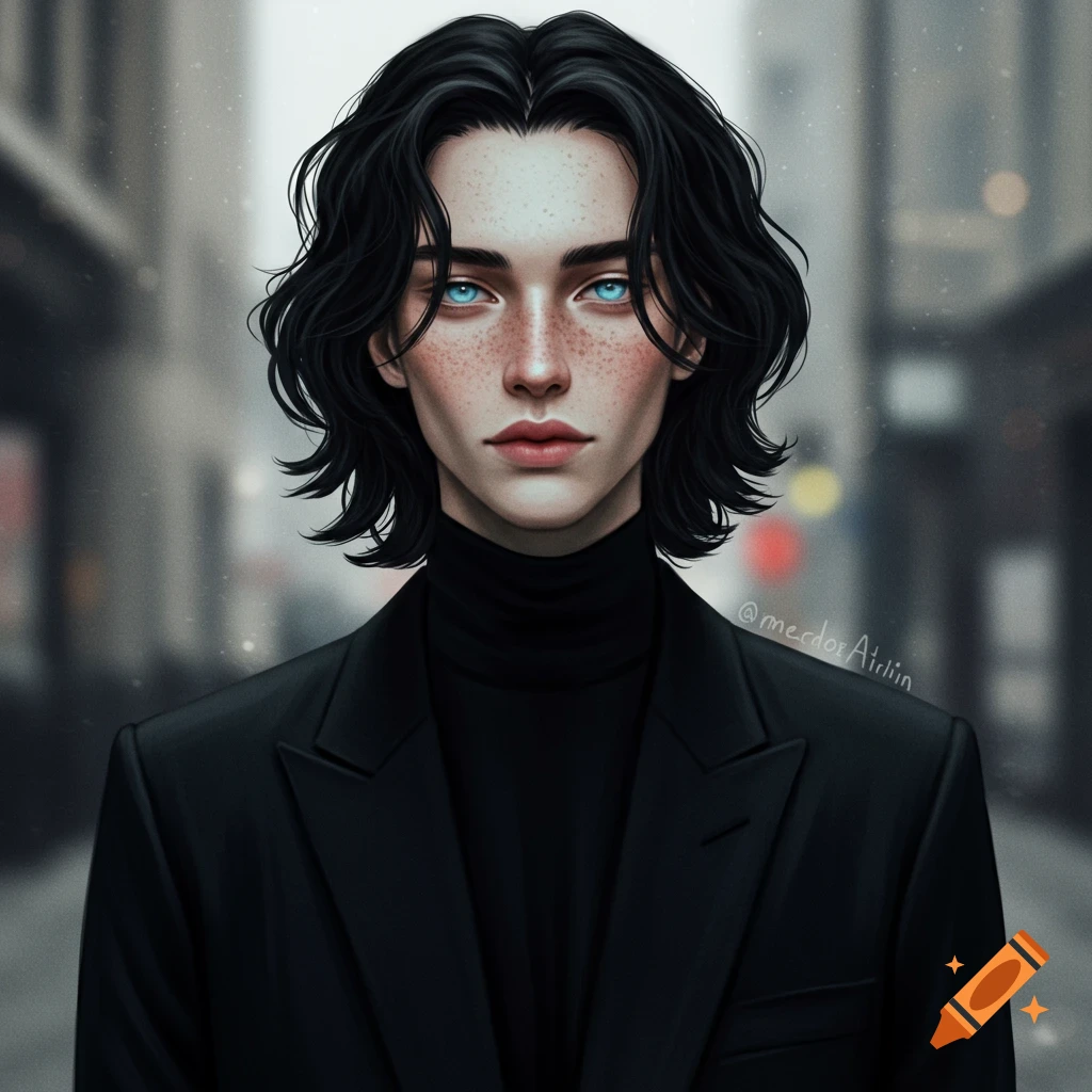 Stylized portrait of a person with wavy black hair, freckles, and bright blue eyes, wearing a black turtleneck and blazer in an urban street.