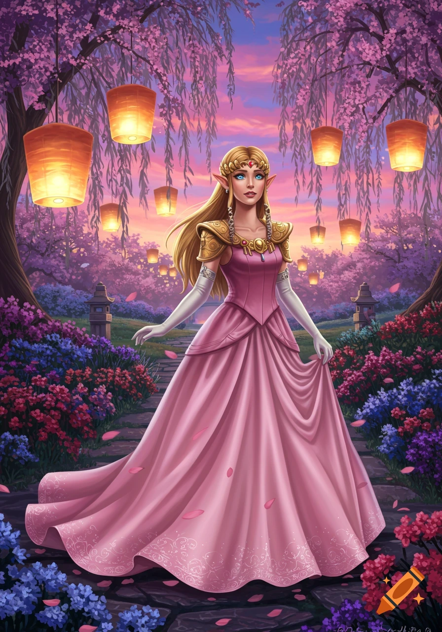 Princess Zelda in a pink gown stands in a fantastical cherry blossom garden with glowing lanterns at sunset.