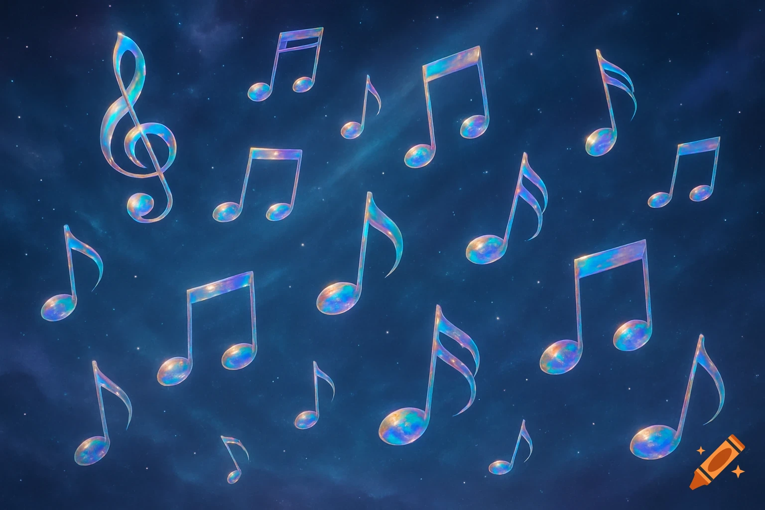 Iridescent musical notes, including a treble clef, float in a dark blue starry night sky, shimmering with various colors.