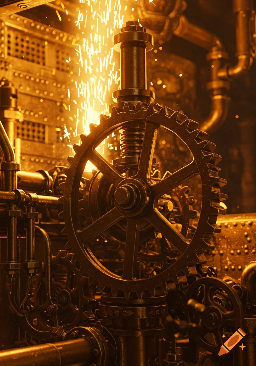 Close-up of intricate metallic gears and pipes emitting bright sparks in a warm, dark, industrial setting, steampunk style.