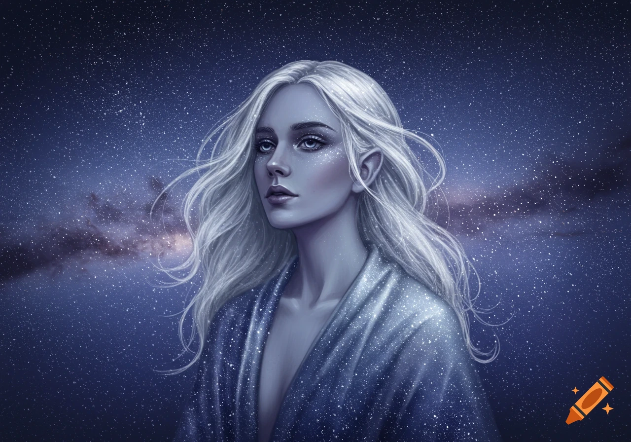 An ethereal fantasy portrait of a pale-skinned woman with white hair and pointed ears, sparkling blue makeup, wearing a shimmering blue robe against a starry cosmic background.