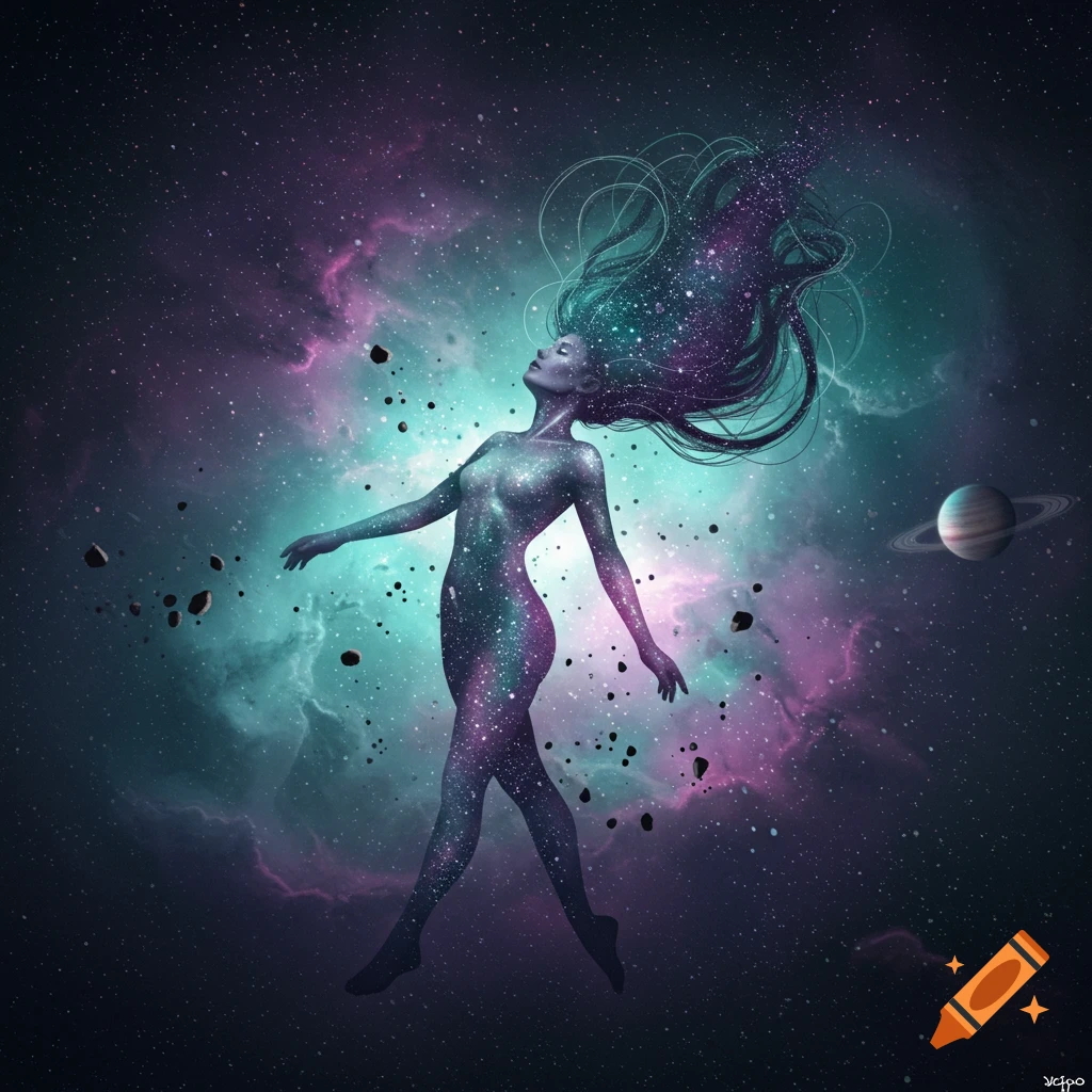 A celestial woman made of stars and nebulae floats in vibrant purple and teal space with a ringed planet.