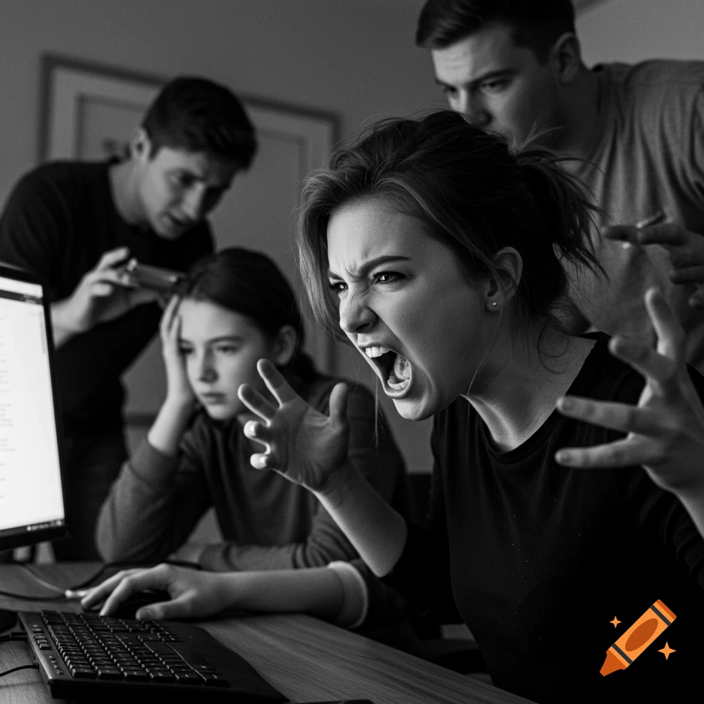 Black and white photo of an angry woman screaming at a computer, with a distressed teenager and two men watching.
