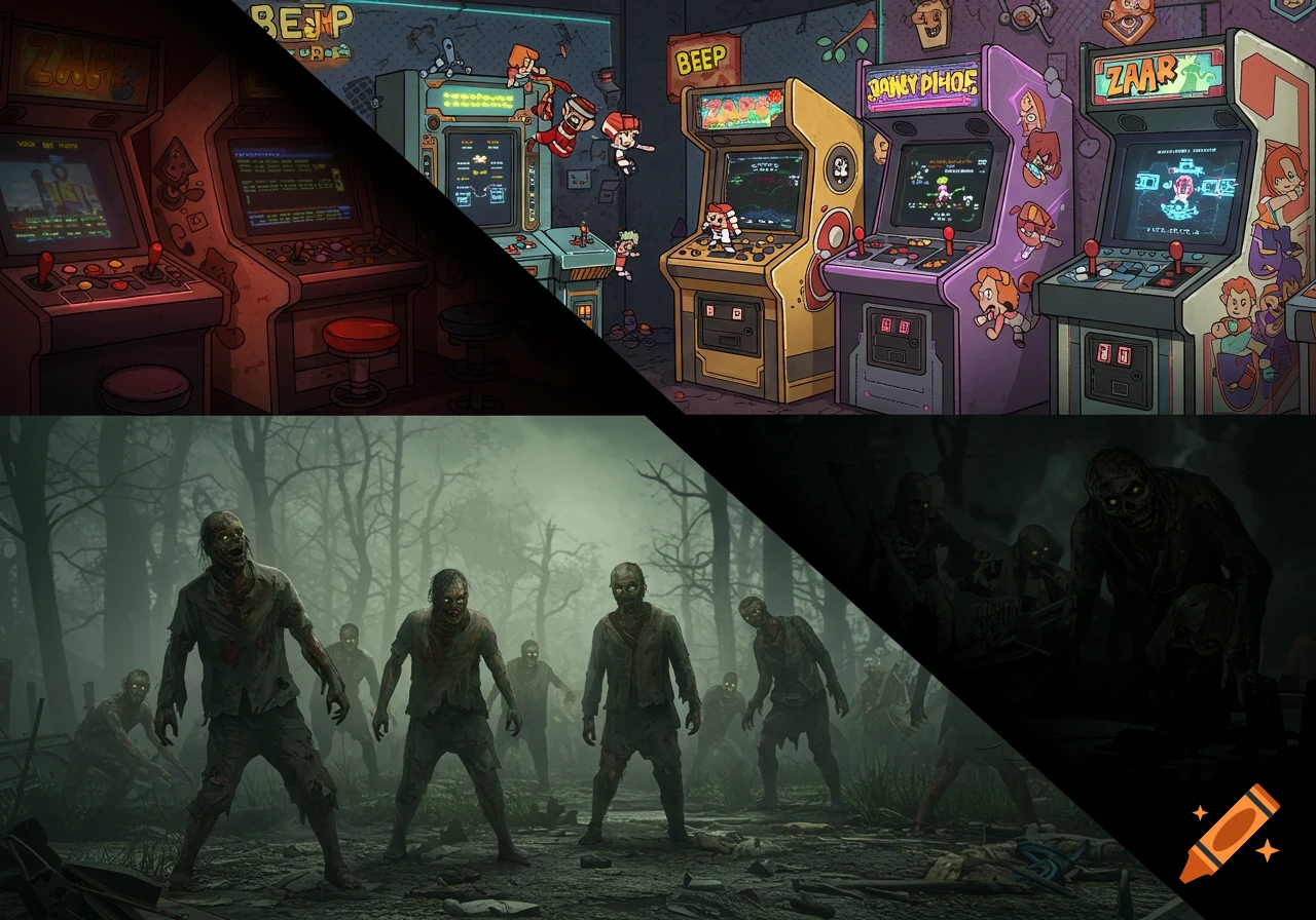 An image split diagonally. The top right shows a retro arcade with comic-style characters and colorful machines. The bottom left depicts realistic zombies in a misty, dark forest.