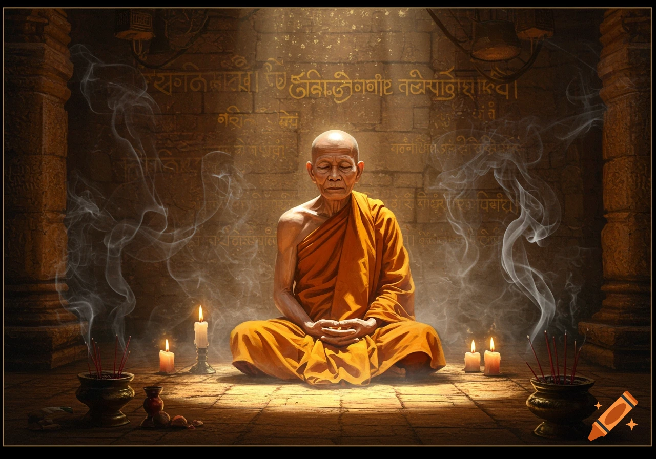 A bald monk in an orange robe meditates cross-legged in a dimly lit temple, surrounded by incense smoke and candles, with ancient script on the walls.