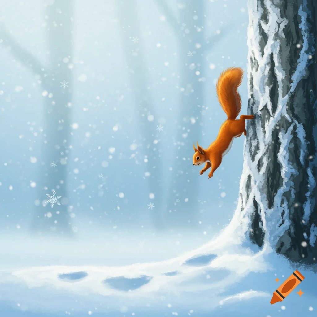 An illustrated red squirrel scurries down a snow-covered tree in a winter forest with falling snowflakes.