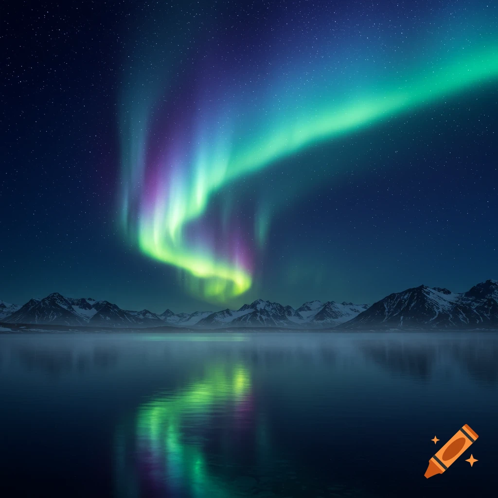 Vibrant green and purple aurora borealis reflected over a serene lake with snow-capped mountains under a starry night sky.