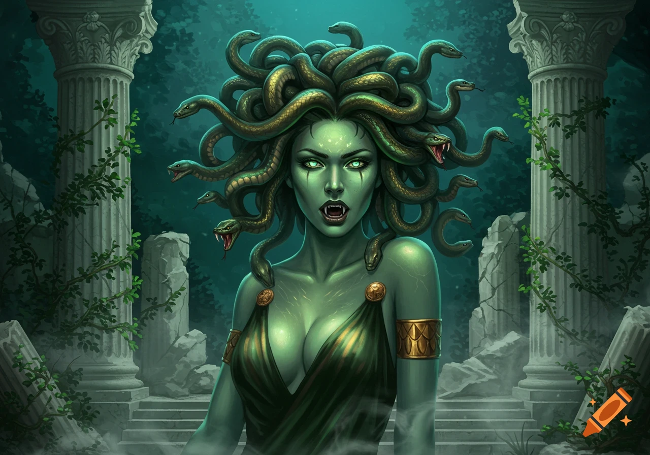 Green-skinned Medusa with glowing eyes, fangs, and snakes for hair, wearing a green dress among ancient ruins. Digital painting.