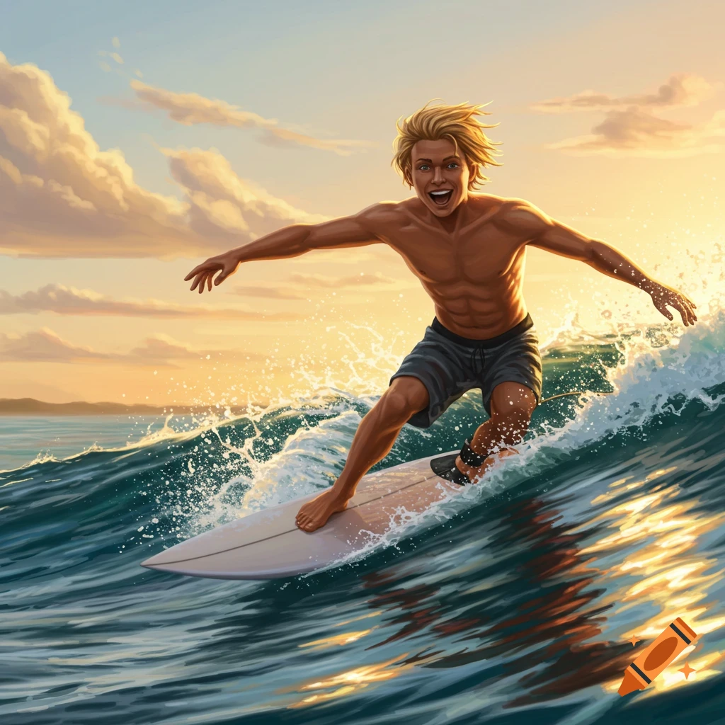 Blond man with an impish smile surfs a wave at sunset, water splashing around his board.