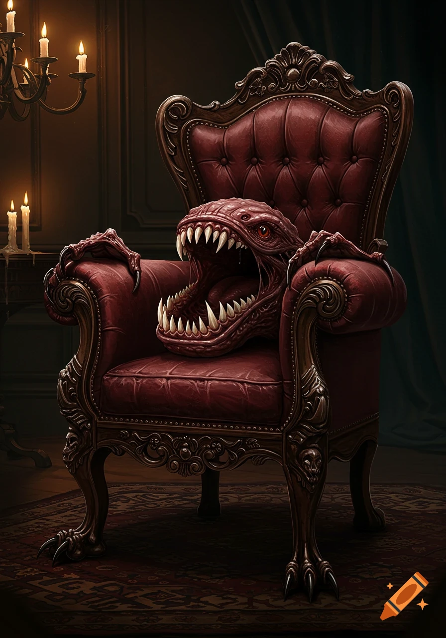 A monstrous, gaping red head with sharp teeth and claws bursts from an ornate, red velvet armchair in a dark, candlelit room.