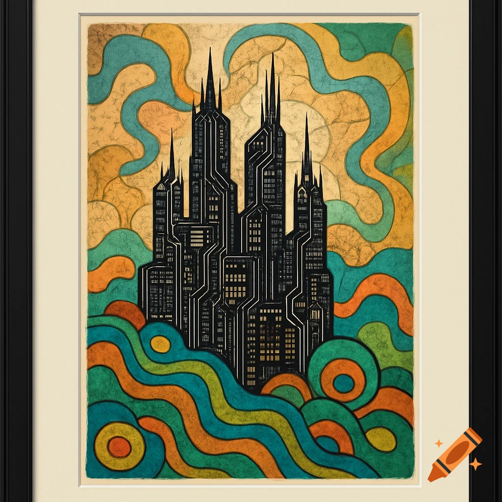 Vibrant monoprint of spiky black circuit skyscrapers against an abstract backdrop of flowing orange, teal, and yellow shapes.