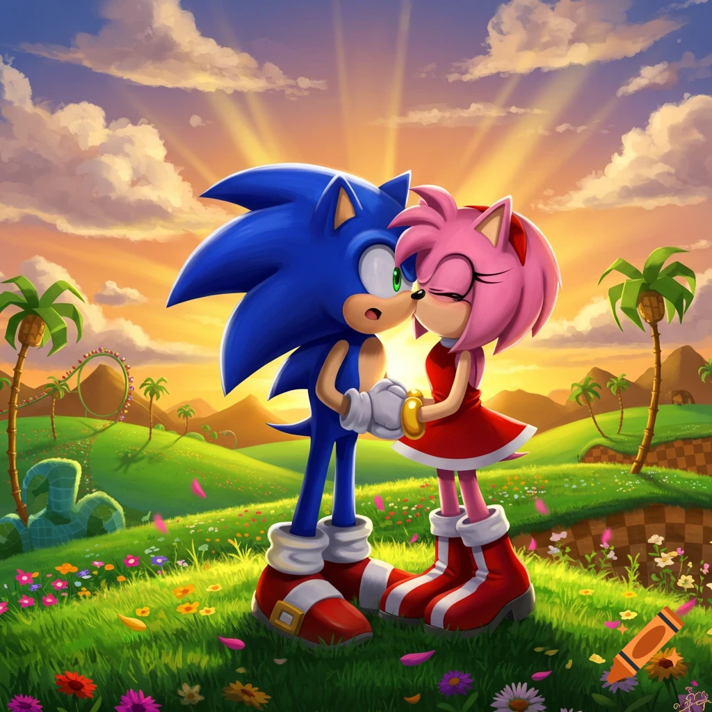 Sonic and Amy Rose hold hands, leaning in for a kiss in a vibrant, flowery landscape with palm trees and a sunset sky, in a cartoon style.