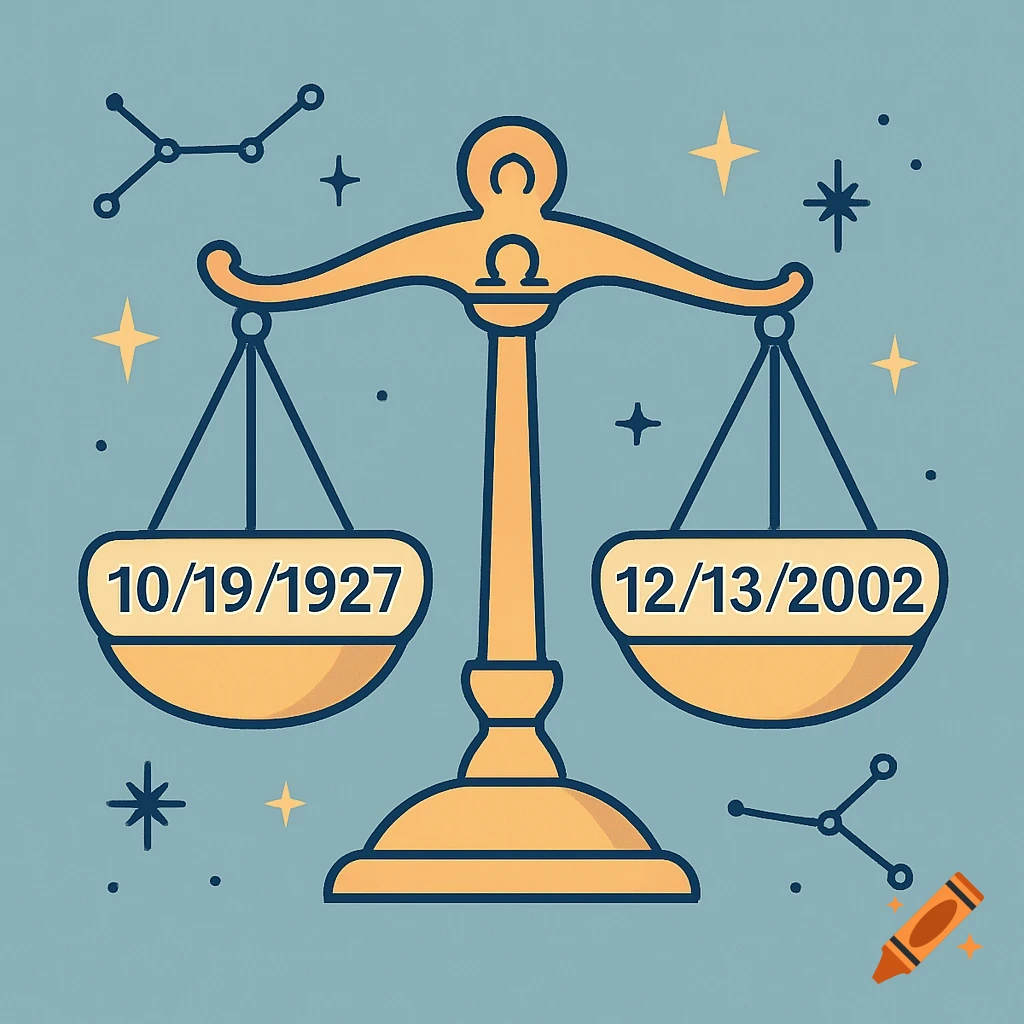 An illustration of a golden Libra scale with dates 10/19/1927 and 12/13/2002 on its pans, on a blue background with stars.