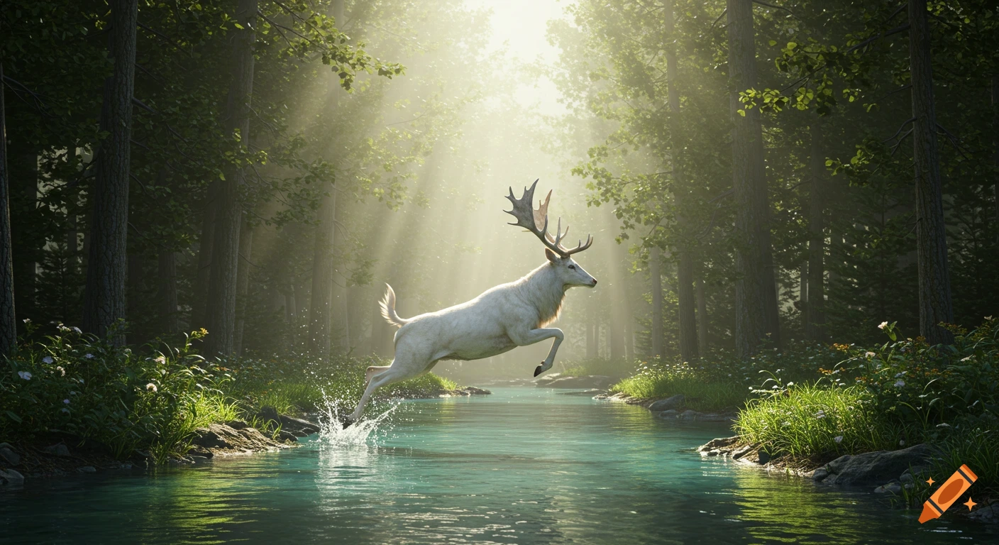 A magnificent white stag leaps across a turquoise river in a sun-drenched, misty forest.