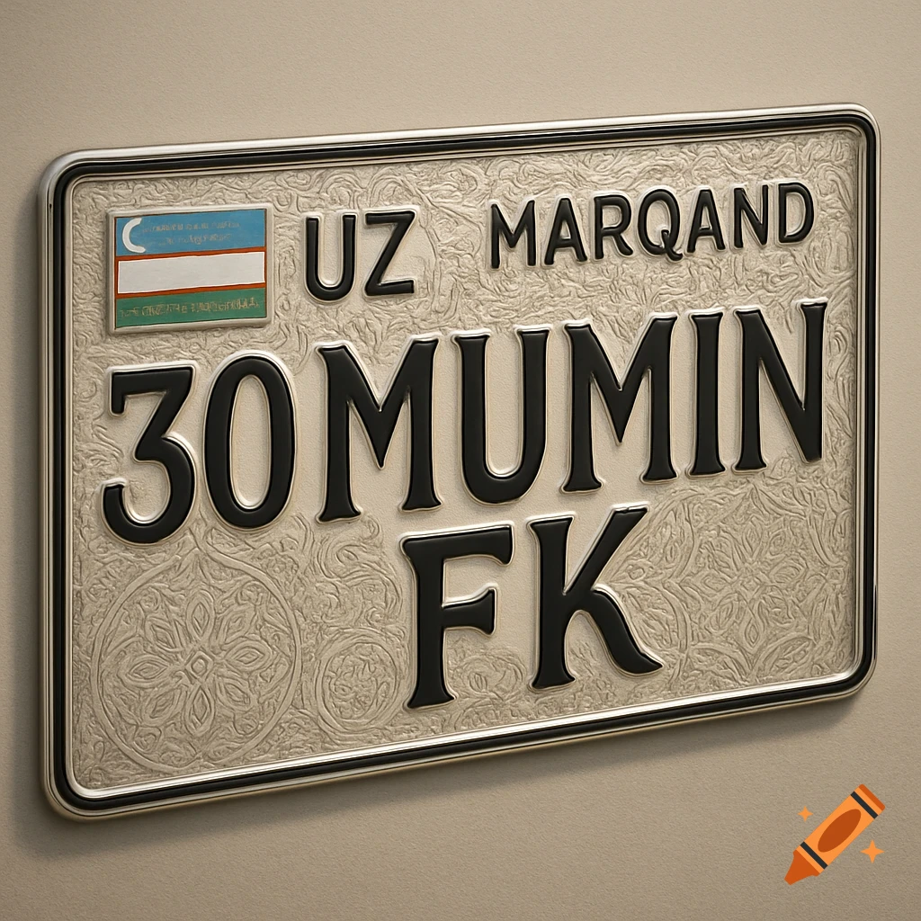 A close-up, photorealistic image of an Uzbek license plate with an ornate background pattern. The plate displays "UZ MARQAND 30 MUMİN FK" and a small Uzbek flag.