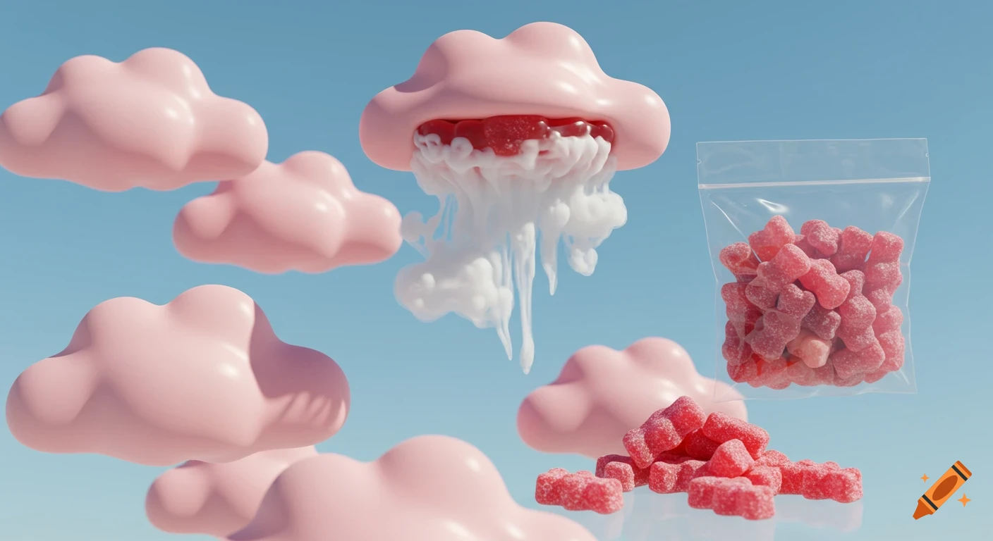 3D render of pink cartoon clouds, one oozing red liquid, with a bag of red gummy bears and spilled gummies against a blue sky.