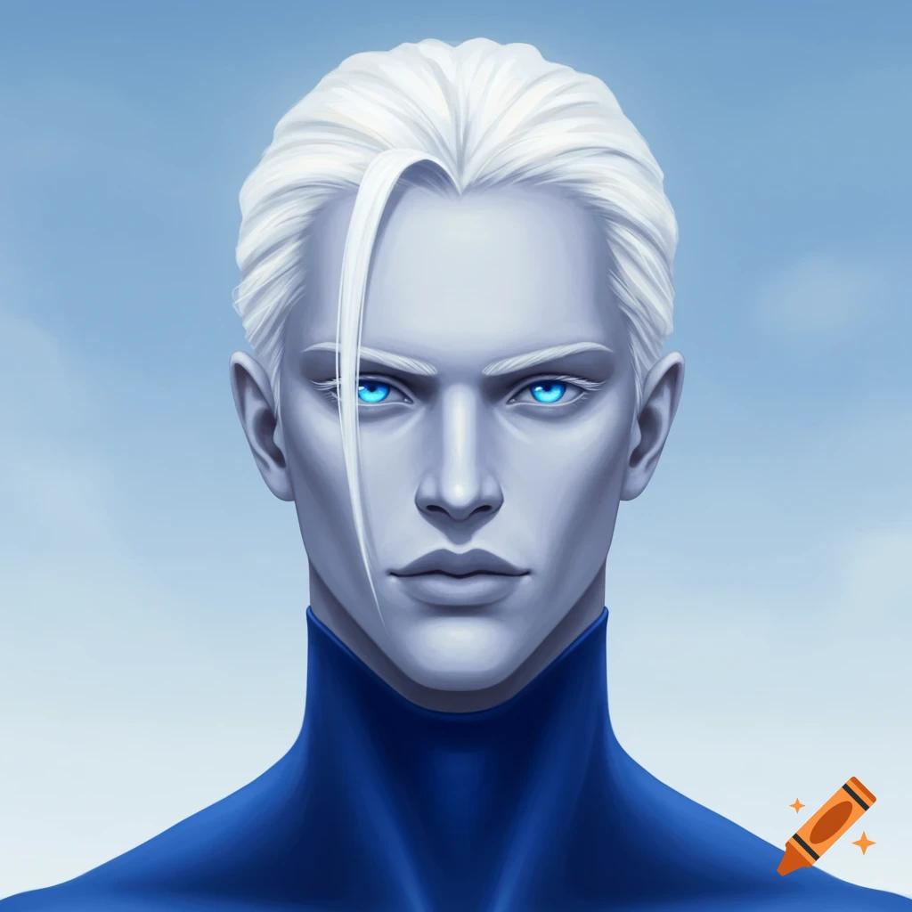 Stylized portrait of a pale-skinned man with white hair, bright blue eyes, and a blue high-collared outfit.