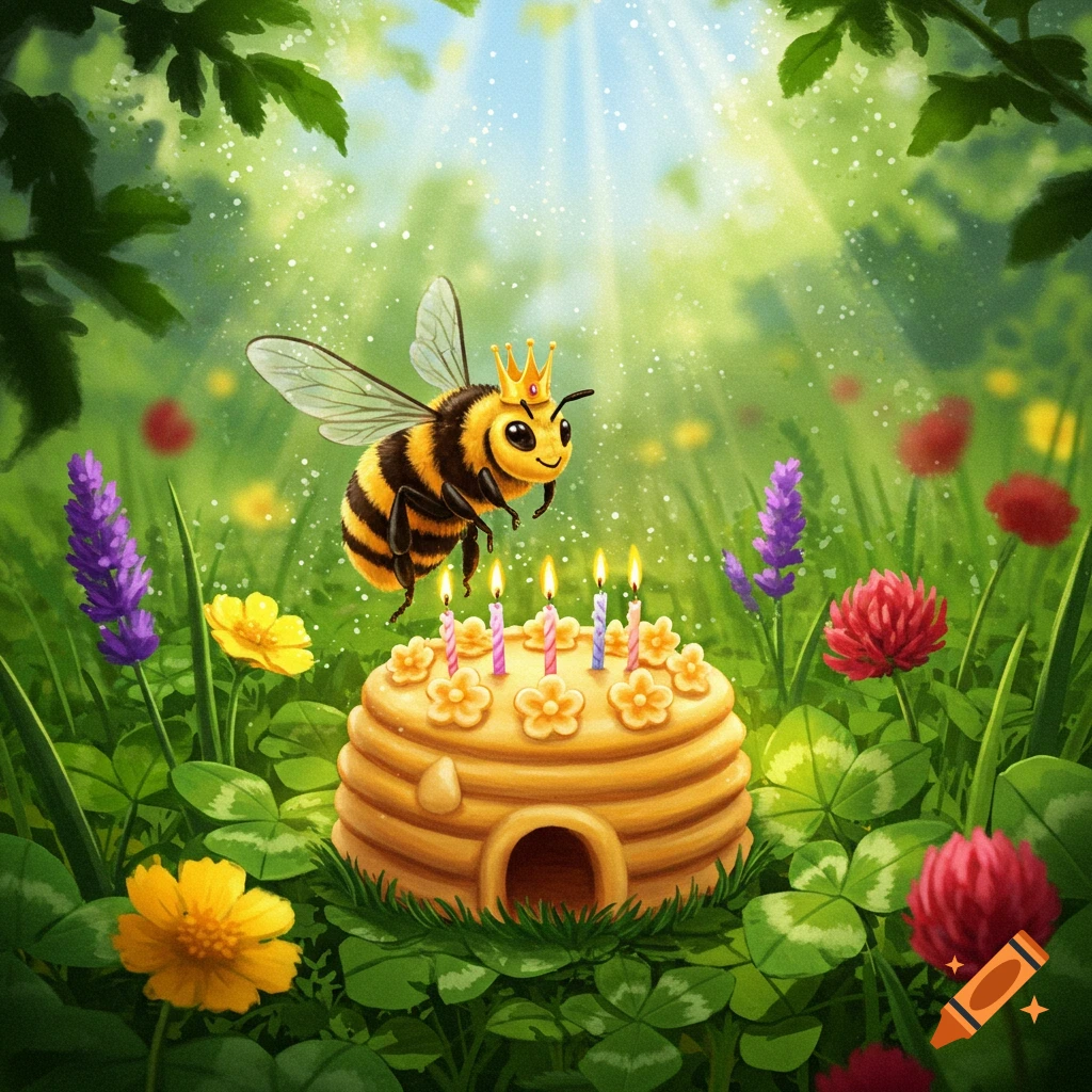 A cute cartoon queen bee with a crown flies over a beehive-shaped birthday cake with lit candles in a sunny, green forest with colorful flowers.