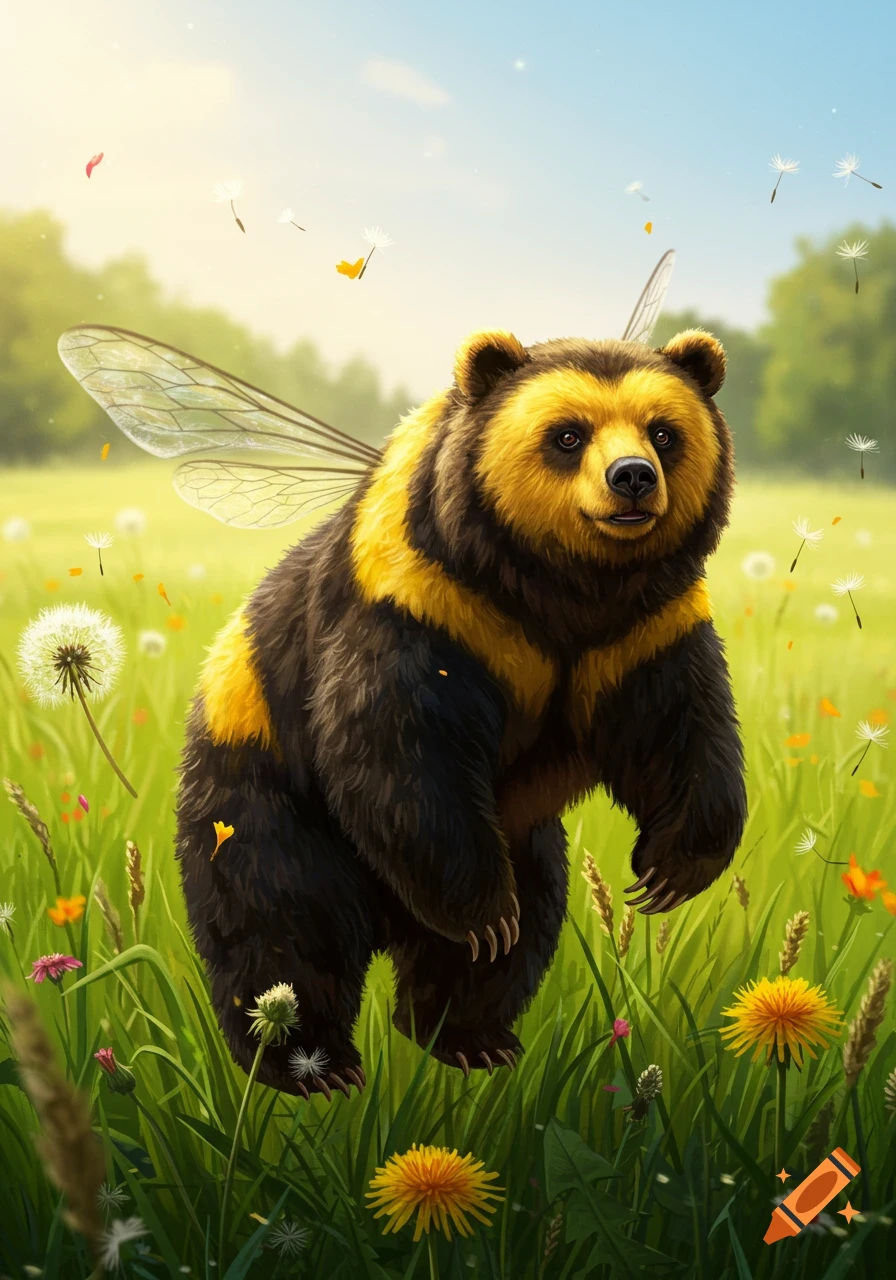 A hyperrealistic bumblebear, a bear with yellow and black stripes and translucent bee wings, stands in a sunny green meadow with dandelions.
