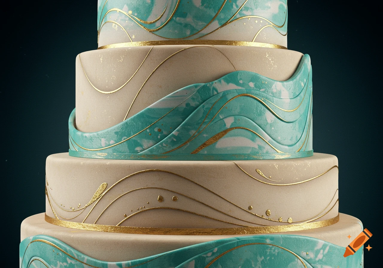 Multi-tiered cake with abstract tan and aqua blue wavy patterns, accented with delicate gold lines and speckles.
