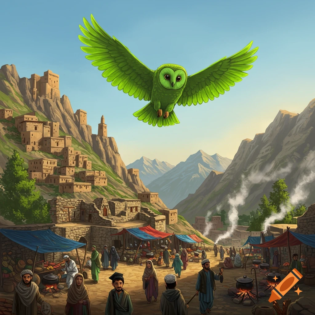 A large bright green owl flies over a bustling mountain village market under a clear sky, in an illustrated style.