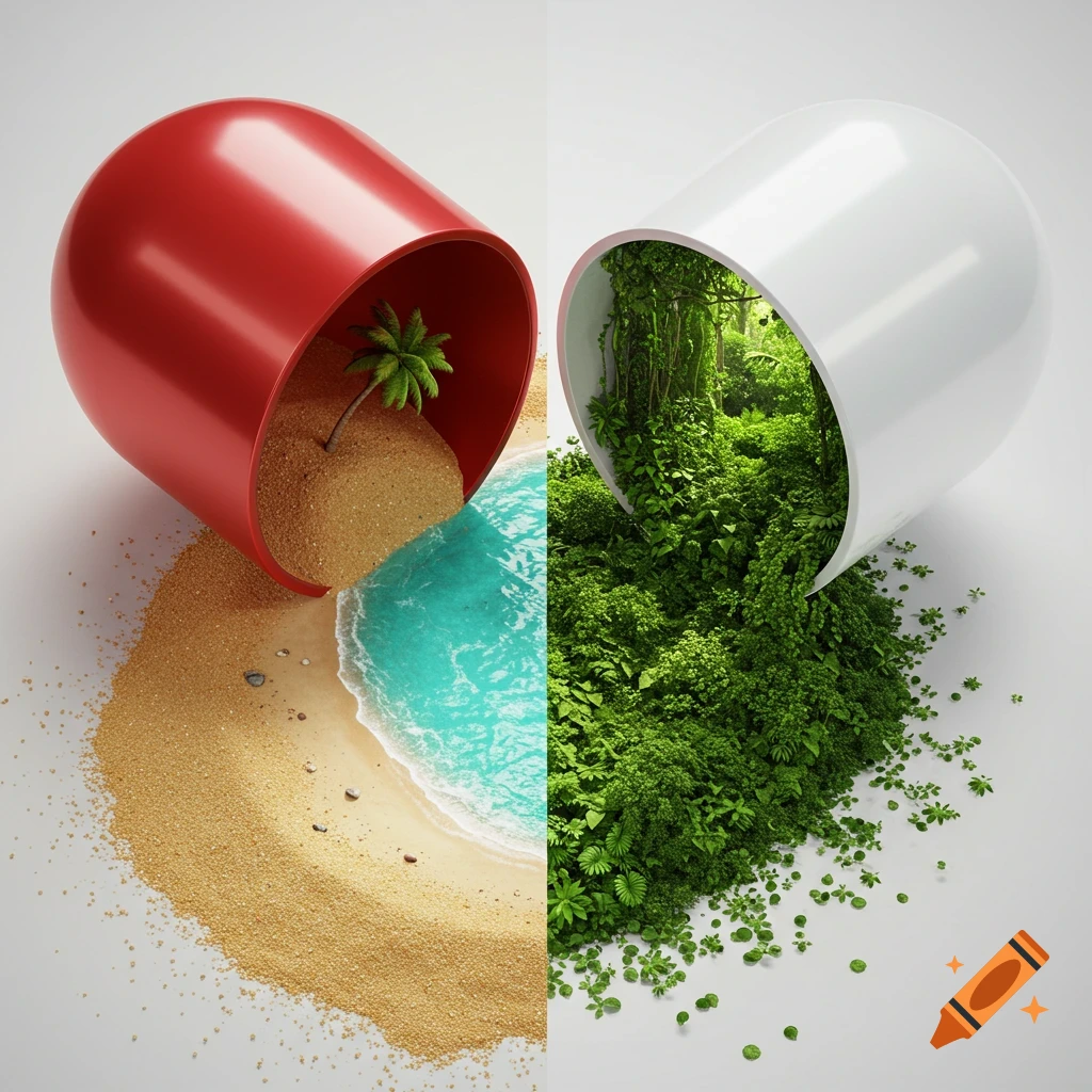 A red pill half spills sand onto a beach with a palm tree, while a white pill half overflows with lush green jungle foliage.