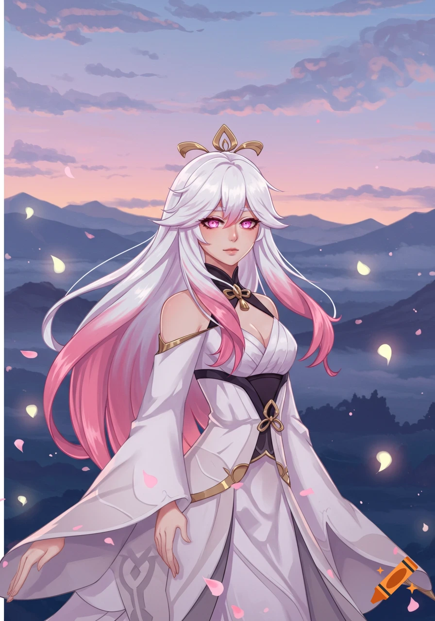 An anime woman with long white and pink hair, pink eyes, and a white dress, stands against mountains at sunset with falling petals.